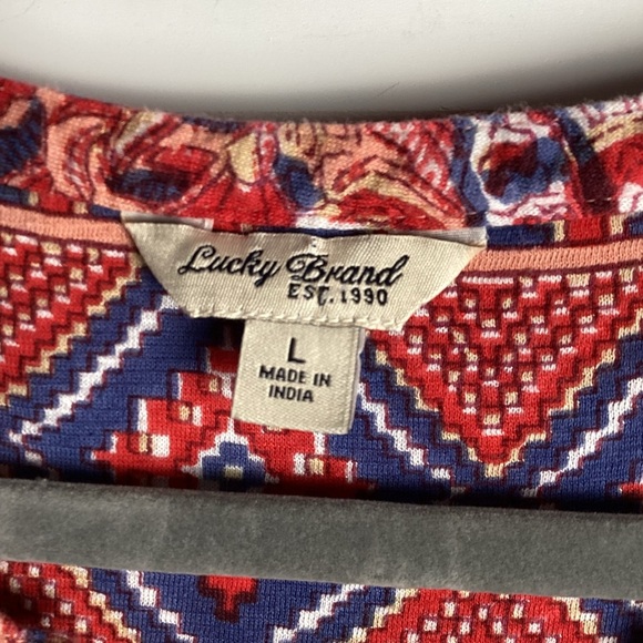 LUCKY BRAND Top Womens L Peasant Blouse Popover Long Sleeve Cotton Linen Red - Picture 3 of 7